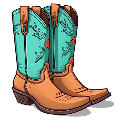 very simple sharp detail pair of tan and turquoise cowgirl boots cartoon clipart