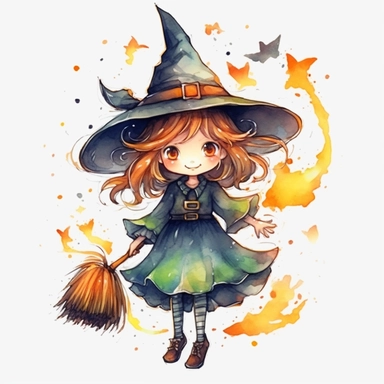 Cartoon Witch Clipart, with white Background, 8K, watercolor, HD,