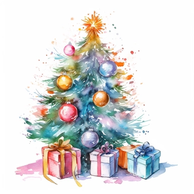 watercolor christmas tree with baubles and gifts, bright tree lights, vibrant colors, add glitter, clipart image, on a white background
