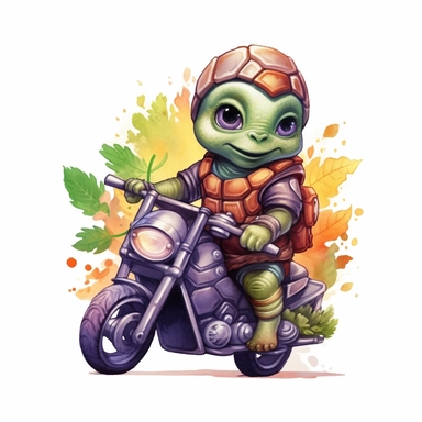 Create a clipart of a cute baby turtle in a leather jacket with a shell on the back and riding a vintage motorcycle. Strong and vibrant colors. Jungle trees before a White Background, soft lighting.