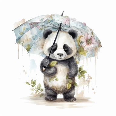 little baby panda with an umbrella, against a white background, Super Clear, Light angle, Illustration, best quality, masterpiece, floral clipart. ultra-detailed, illustration, highly detailed, watercolor_ medium