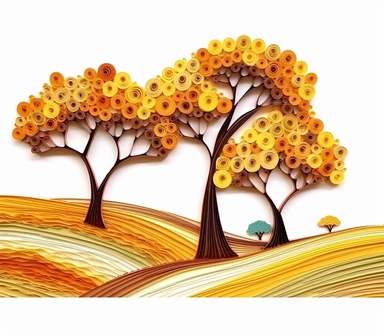 africa accacia trees landscape, art of quilling clipart, gold and glory pastel mute soft colors, illustration, white solid background,