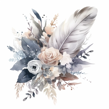 Watercolor dusty greay and white feathers bouquet clipart white background no text wedding style thick outline eligible for transparent background
