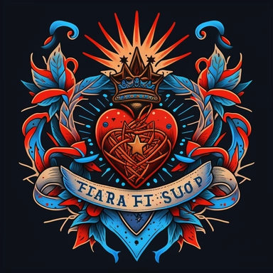 A vector clipart style illustration of an old school sacred heart tattoo. Include fire on top. Include a banner just below with the word Family written inside. Include a blue and black nautical star behind the image. The background must be white. The hear