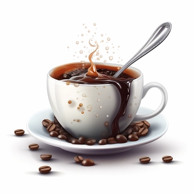 illustration of a cup of coffee, crisp, add embeliishments like tables spoons steam, beautiful, artistic, coffee, clipart, isolated on white background