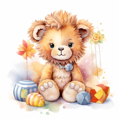 a captivating watercolor clipart image with a white background and white margins, featuring a cute sweet extremely happy stuffed lion toy. The ultra-detailed, hand-drawn elements capture the details. Use vibrant shades of various colors to create a visually appealing image