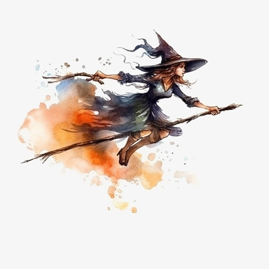 watercolor style, Witch on the broomstick: A long, slender broomstick associated with witches and their transportation. clipart, isolated on white background, 4K