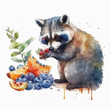 Watercolor clipart of cute racoon eating some fruits, no text, white background