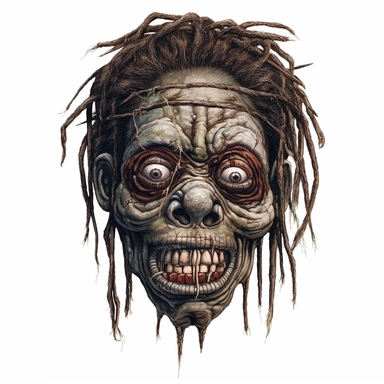 a voodoo shrunken head with mouth and eyes stitched shut, calm expression, dark shrivelled skin, pastel, photorealistic, hyper realistic, ultra high-detail, dark outlines, white background, clipart,