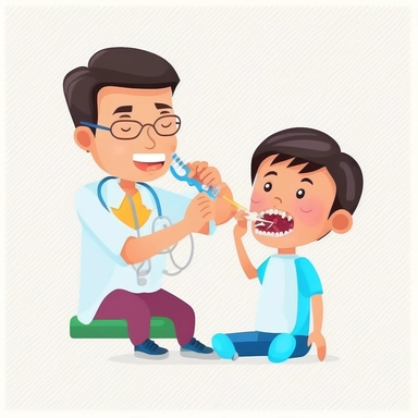 asian dentist removing tooth from kid, transparent white background, flat clipart style