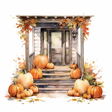 Watercolor style, halloween porch decorated with halloween pumpkins and other decorations, clipart, isolated on white background, detail, high quality, high resolution