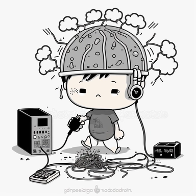 cute clipart of a kawaii kid doing housework. He has a computer brain, with electronic circuits, cards and buttons. Beautiful, flat, cute manga style, black and white
