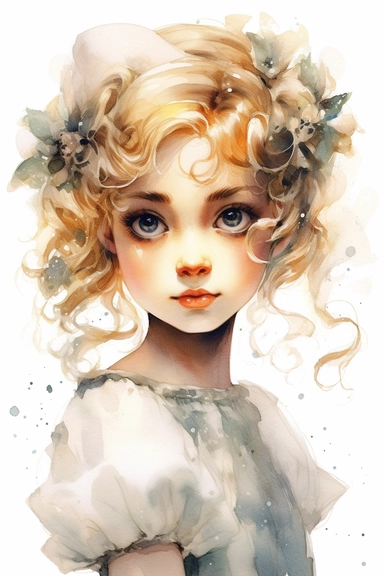 Fairy tale girl with a beautiful innocent anime style 80s painting Watercolor clipart, hugh eyes, sarah kay and holly hobbies