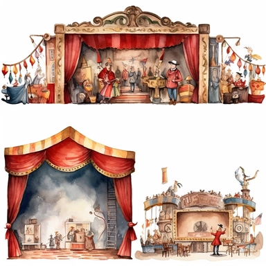 watercolor 1910s 1920s 1930s 1940s theatre stage, illustrations clipart set, simple, , cartoon elements ,different variants ,shows,separate elements with a margin