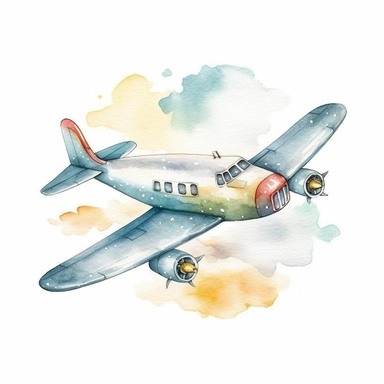 airplane, watercolor, doodle,fable, child book, clip art, transparent background, 300 dpi, nursery illustration, minimalist, vector illustration, optimistic -