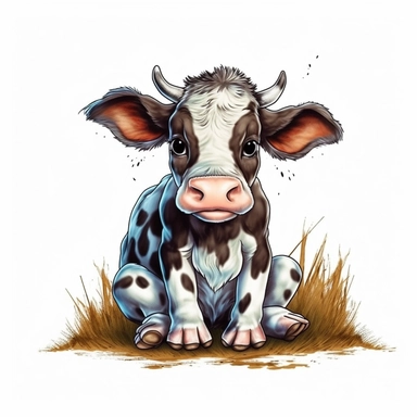 Cute Beautiful Funny Baby angry cow is sitting Full body Sublimation Clipart,Cartoon,hyper realistic, intricate detail, illustration style,high solution,on the white background