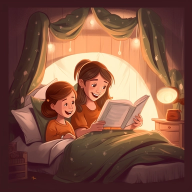 A little girl is reading a book in bed and laughing. her mom is there reading with her. the room is dark and a flat design lamp is shining. no background, kids style, 2D, vector, good quality, Pixar kids book illustration, vector, cartoon character, hand drawn, clipart