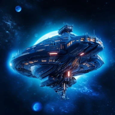a huge spaceship from which many small ships emerge, with warp propulsion, among stars and nebulae, lush lights, clipart, BLUE background, Spielberg style