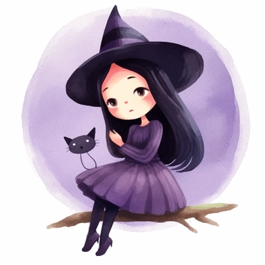 Mona the little witch, a little witch character, leaning on a tree sleeping with her black cat sleeping on her lap, watercolor children's book illustration style clipart, simple, cute, full colour, purple witch hat, dark purplish hooded dress, black shoes, dark purplish clothes, long black hair, flat colour,