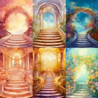 harvest graphics, beautiful design, separated no intercalate picture, with space between them, 6 picture of each clipart, Watercolor regal palace Heavenly Stairways stairs with disney style railing blooming with spring flowers - fantasy magic galaxy clipart,single design, 8k