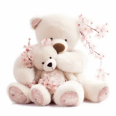 clipart of fluffy baby teddy bear sleeping in her mother's arms, cute, soft and mellow colors, cherry blossome environment, octan renderer, dept of field white background, cutout