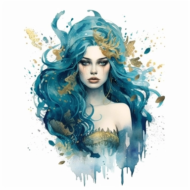 gothic style overrealistic beautiful mermaid in turqouise and sea blue color with watercolor effect,gold details,suitable for digital clipart,white background, no physical deformation, realistic features,royality fashion, space out