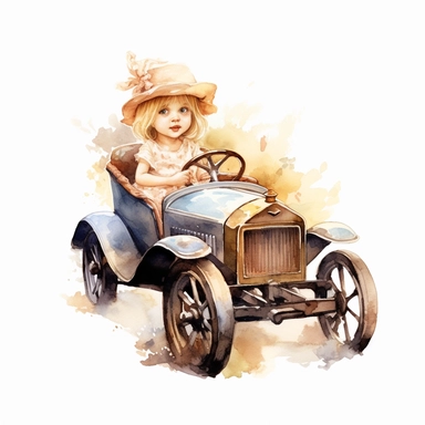 Watercolor Victorian baby girl in driving a ford t car from the era clipart , on a white background, Illustration clipart, 4K, extremely detailed
