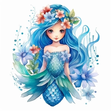 Clipart cute mermaid in full body with fish tail and pretty flowers, fairytale, underwater world, beautiful composition, watercolor paints, isolated objects on white background, imaginative, beautiful colors, turquoise, light blue, royal blue, fairytale, k8