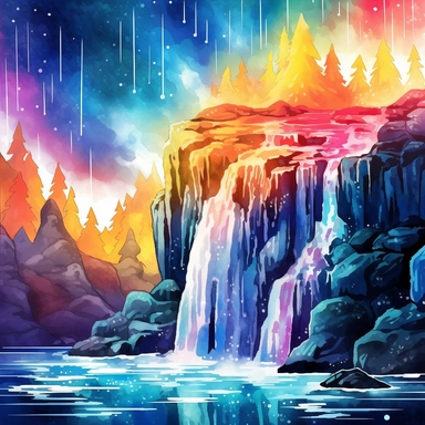 Create a scenic holographic waterfall with rocks lining the base of the waterfall. The style should be in Watercolor Clipart, and the lighting should be normal. The colors should be artsy and intriguing, with a theme of vacation and nature. The composition should showcase the best view, with careful attention paid to details. Please ensure that the watercolor art style does not cause confusion with the actual water in the scene.