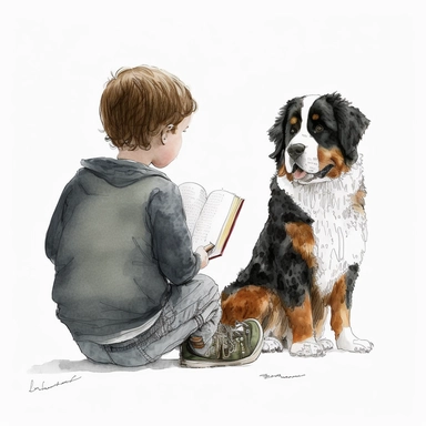 a bernese mountain dog sitting next to a young blonde boy reading a book, watercolor and ink drawing, clipart, happy, gentle smile, beautiful watercolor ink wash coloring, thick pencil lines, Jon klassen, Adrian tomine, popular on etsy, watercolor illustrations clipart, watercolor illlustrations for kids and children, book illustrations, plain white background