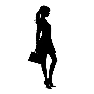 clipart girl silhouette in black with a bag in hand white background