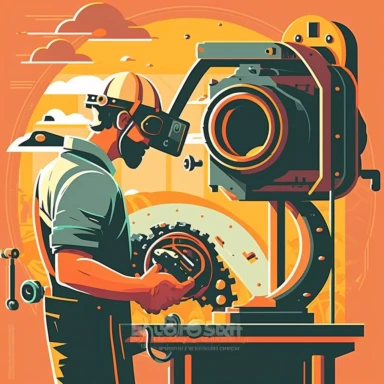 vr headset, virtual reality, industrial worker, poster, learning in vr gogle, repairing machine, simplistic, abstract, vector, 2d illustration, clipart, few colors, industrial, hi-tech