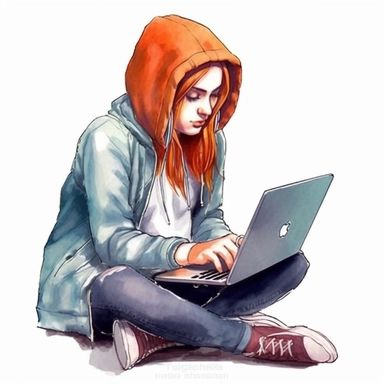 girl working on a laptop, cool hacker clothes, watercolor style, clipart solid white background