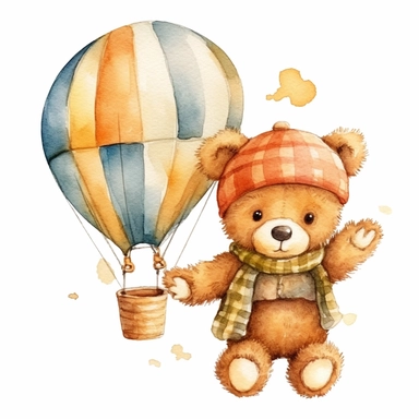 nany boy twins watercolor teddy bear in hot air balloons cute png clipart