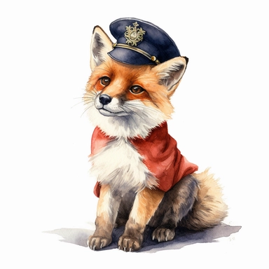 fox is wearing a royal uniform,watercolour baby cute red fox Clipart, a single baby cute red fox, white background,super detail, dreamy, Studio Ghibli,no shadows, true colors,Free-cut on an all-white background, no shadows, no typography