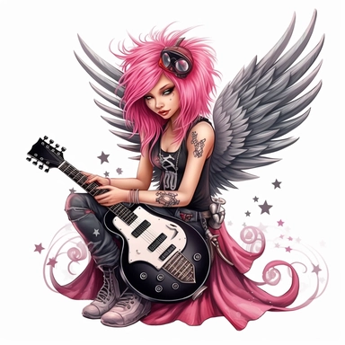 a beautiful fairy, punk rock star with guitar, cartoon, big wings, clipart, white background
