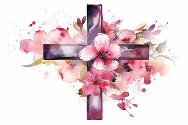 christian cross watercolor clipart, pink color, with flowers, hd, on white background, spaced out