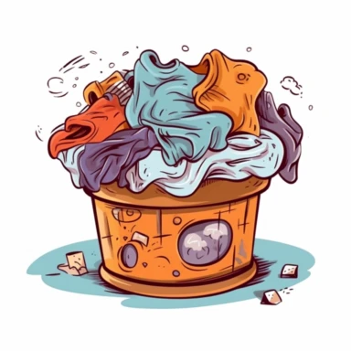 Dirty and clean laundry, stains on children clothes in wash basket. Smelly sock, messy pants and shirt. Cartoon cloth on rope, decent vector clipart