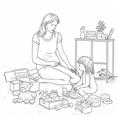 coloring page for kids of a mother and a child playing with toys, full body view, white neutral background, clean line art, low details , 1,5px thick black lines, simple clipart. simple