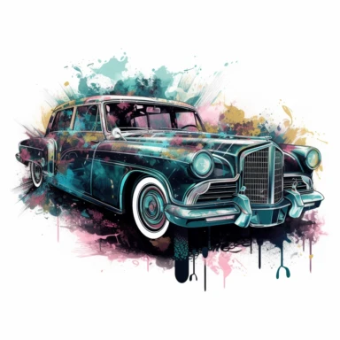 A stunning old retro car takes center stage in a Tron-inspired landscape, Limousine retro car, clipart, floral, watercolor splash, eucalyptus. The classic car boasts futuristic modifications, including neon accents and sleek digital paneling, merging the elegant lines of the vintage vehicle with the high-tech aesthetics of the Tron universe, white background, splash