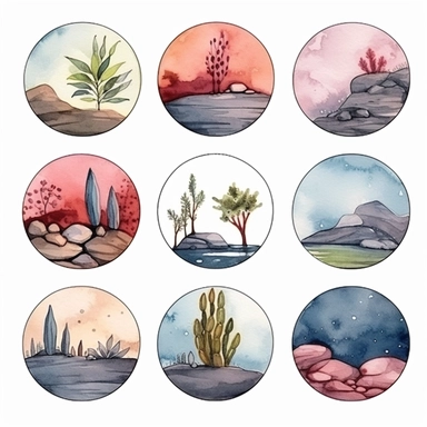 Watercolor wax seal , illustrations clipart set, simple , cartoon elements, rocks, bushes , different variants , , separate elements with a margin
