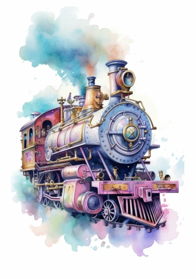Pastel train, big beautiful locomotive, bursting with steam, Steampunk Clipart, Printable Watercolor, Retro Futuristic, Victorian Era Art Print, colorful, details, high quality 8K, white background