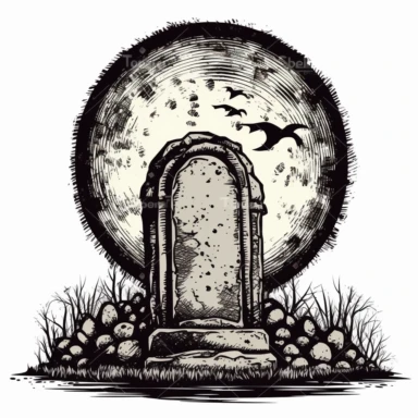A scary looking tombstone for halloween with large full moon behind it, white background, single design, clipart, vector style graphics, sharp lines