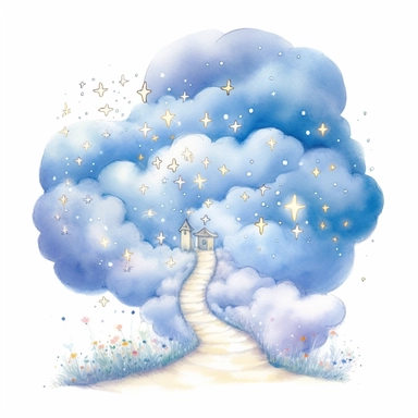 Dreamy Cloud Path: A clipart depicting a fluffy cloud pathway leading to a hidden door, with whimsical details like stars and twinkling lights along the way. Magical, love. Children's book illustration style, alison lester illustration style, whimisical childrens illustration, cute, color, white background. no border