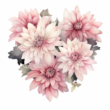 a heart shape made with soft pink and pastel pink Dahlia flowers, wet on dry watercolour style, dark gothic antique look, clipart, white background