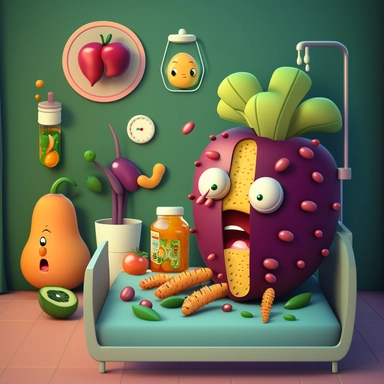 3D Cartoon in form of sick vegetables and fruits in hospital clipart mascot,hospital room background, 128K,supermega pixel, insane detail, hyper detailed,huge details, UHD, 8K