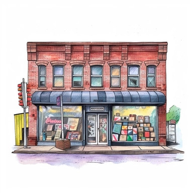 watercolor, hyper realistic, white background, white margins, 16k, ultra detailed clipart, cut out image, hand-drawn retro record store with a brick storefront and a neon sign in the window advertising the latest vinyl releases.