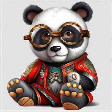 sticker clipart cartoon of a cute panda cub with sun glasses, , dressed with chinese gear, Tang suits, Chinese opera masks, and hanfu clothing, Dragons, phoenixes, yin-yang, beadwork, wood carvings, 3D, disney pixar style, puppy eyes, looking at athe camera, white background ,high definition, high resolution, highly detailed,16K