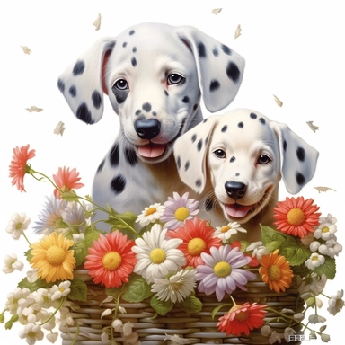 clipart, dalmation puppies in different flowers, in the style of hyper-realistic animal illustrations, herb trimpe, magali villeneuve, strong facial expression, pastoral charm, muralist, captivating