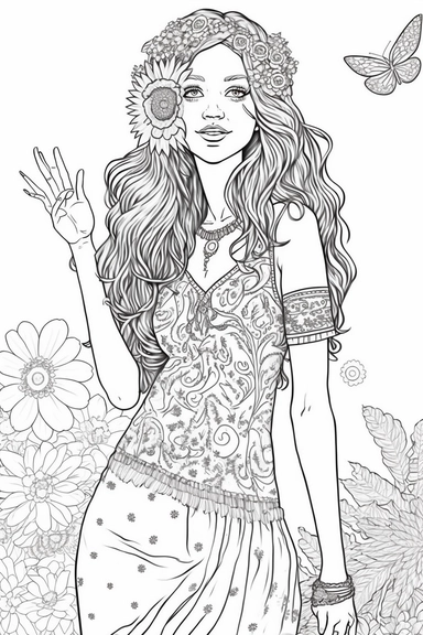 Hippie Girl Full body Clipart Flower Power, vector, illustration, cartoon, marvelous, black and white line art adult coloring page, highly detailed, white background